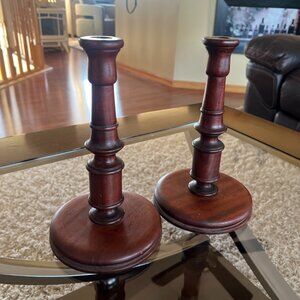 Beautiful Vintage Pair of Wood Turned Taper Holders Candlesticks 9 1/2" Tall